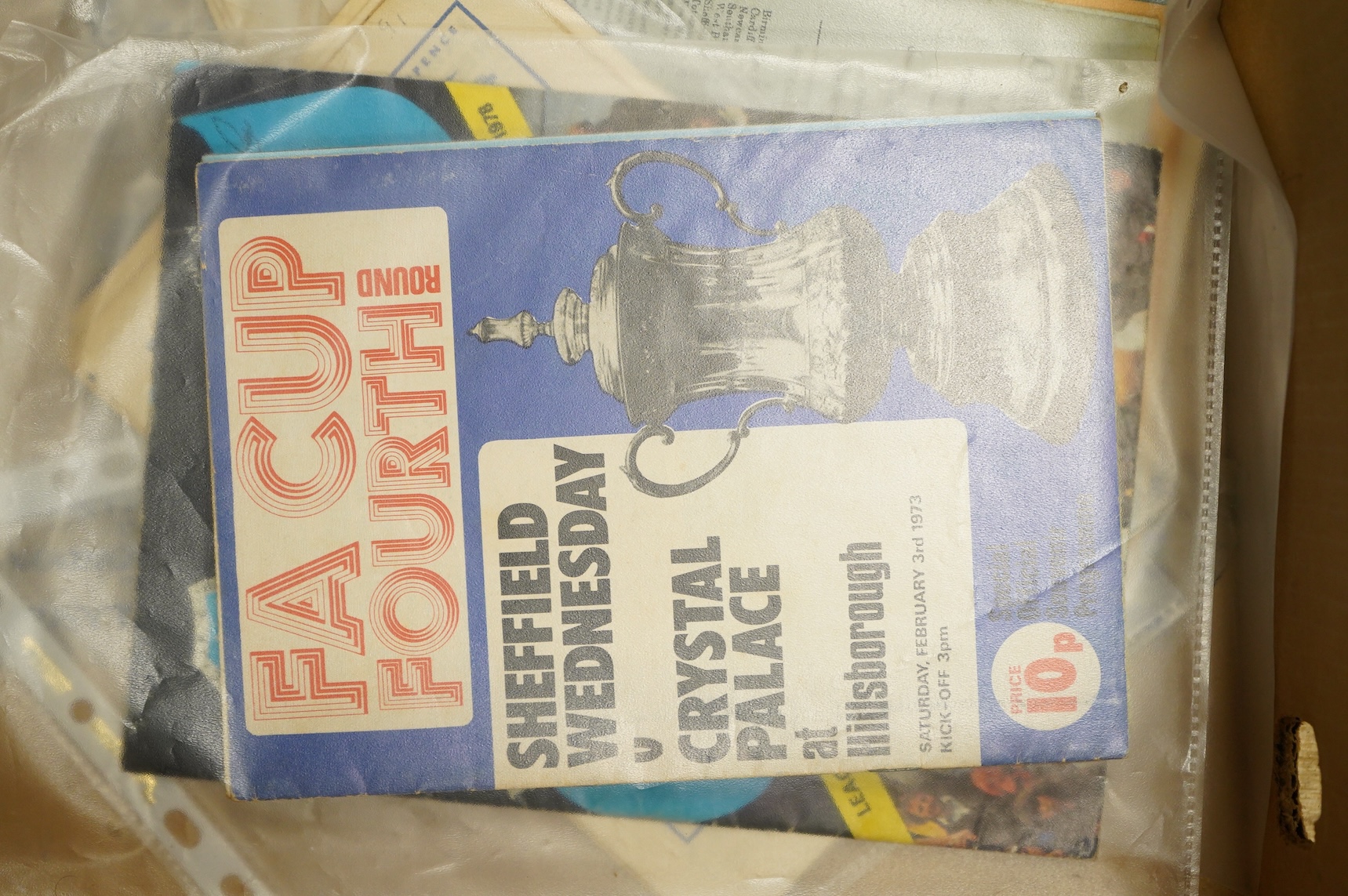 A collection of 1940s-70s football programmes, including Millwall, Fulham, Everton, Newcastle United, Crystal Palace, Leyton orient, Charlton Athletic, Brighton Hove Albion, Leicester City etc.